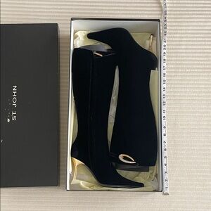 St. John velvet Black and Gold Heeled Boots Crystal knee high metallic heel Hana